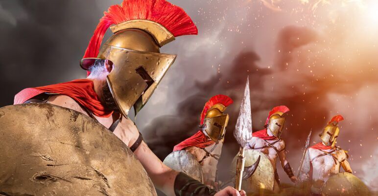 An AI generated image of four Spartan soldiers wielding gear and weapons. 