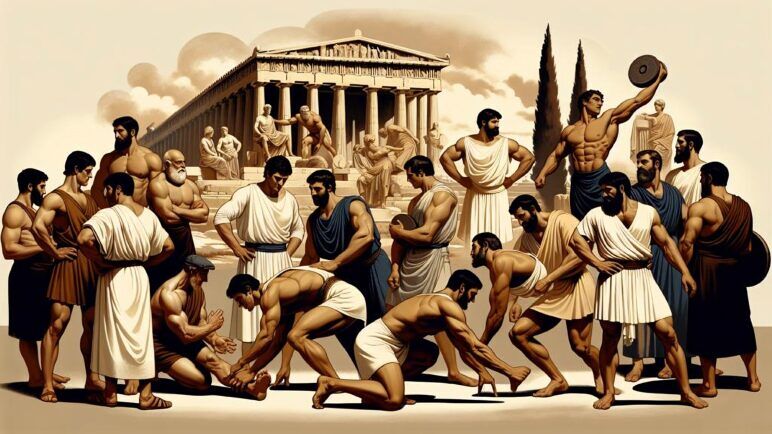 An AI generated image of of a bunch of muscular men in Ancient Greece flexing and socializing. 