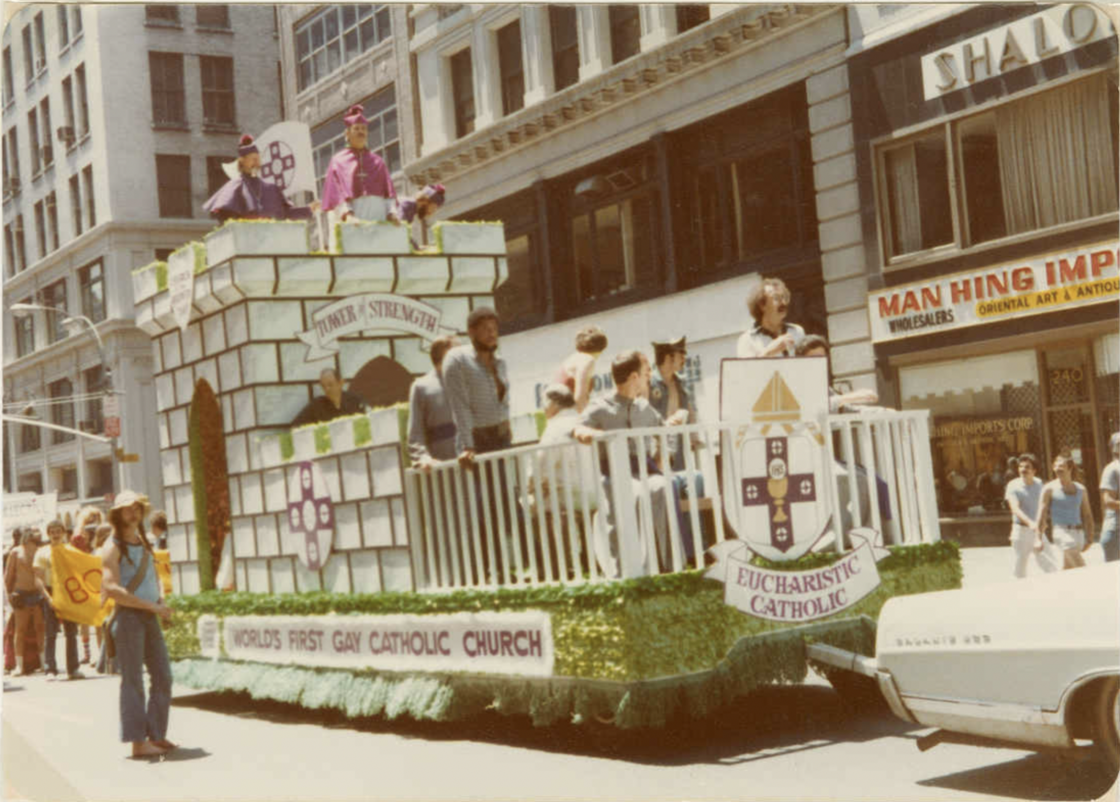 A gay float sponsored by a Catholic church at a NYC Pride march. 