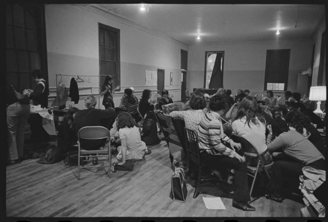 Gay Liberation Front women meeting in a room at the Church of Holy Apostles. 