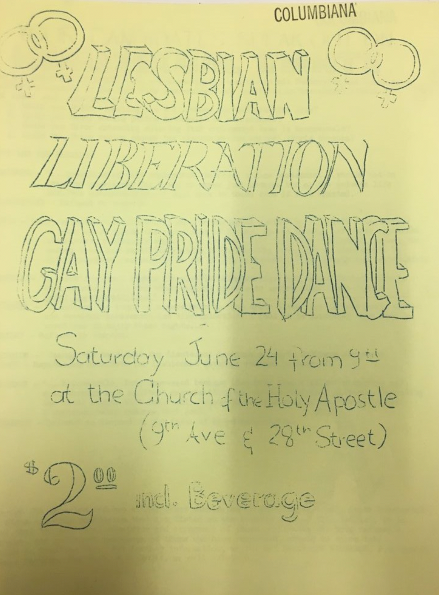 A dance flyer for a lesbian group hosting it at the Church of the Holy Apostles