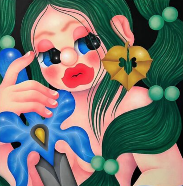 A painting of a topless woman with exaggerated features