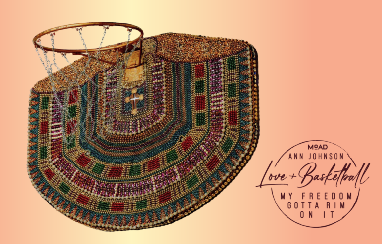 A beaded basketball net and backboard