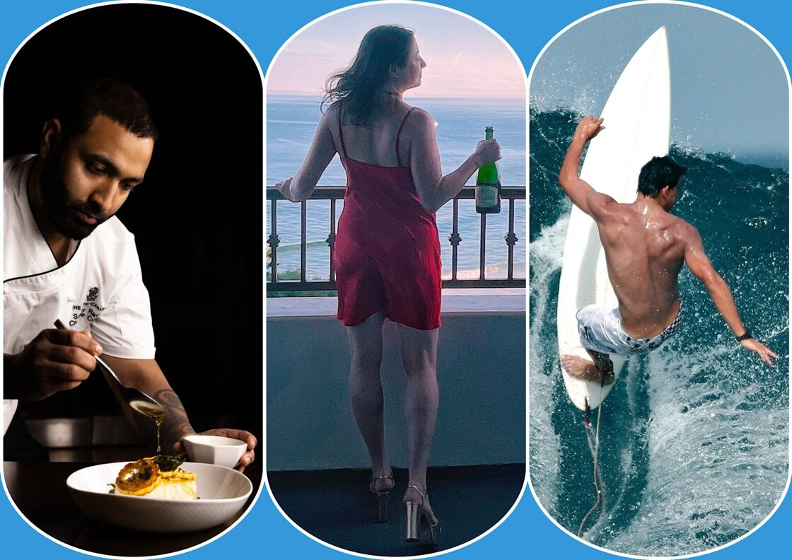 (l-r), Chef Chef Sanjay Rawa, author Simone Paget, a surfer at Laguna Beach.