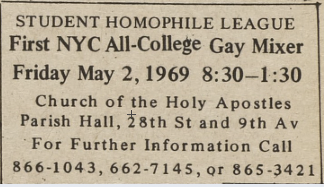 A plaque for the Student Homophile League hosting meeting at the Church of the Holy Apostles. 