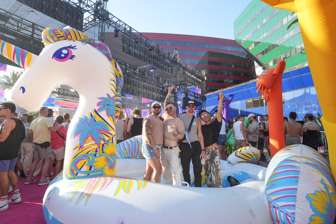 Group of men in a swan pool float
