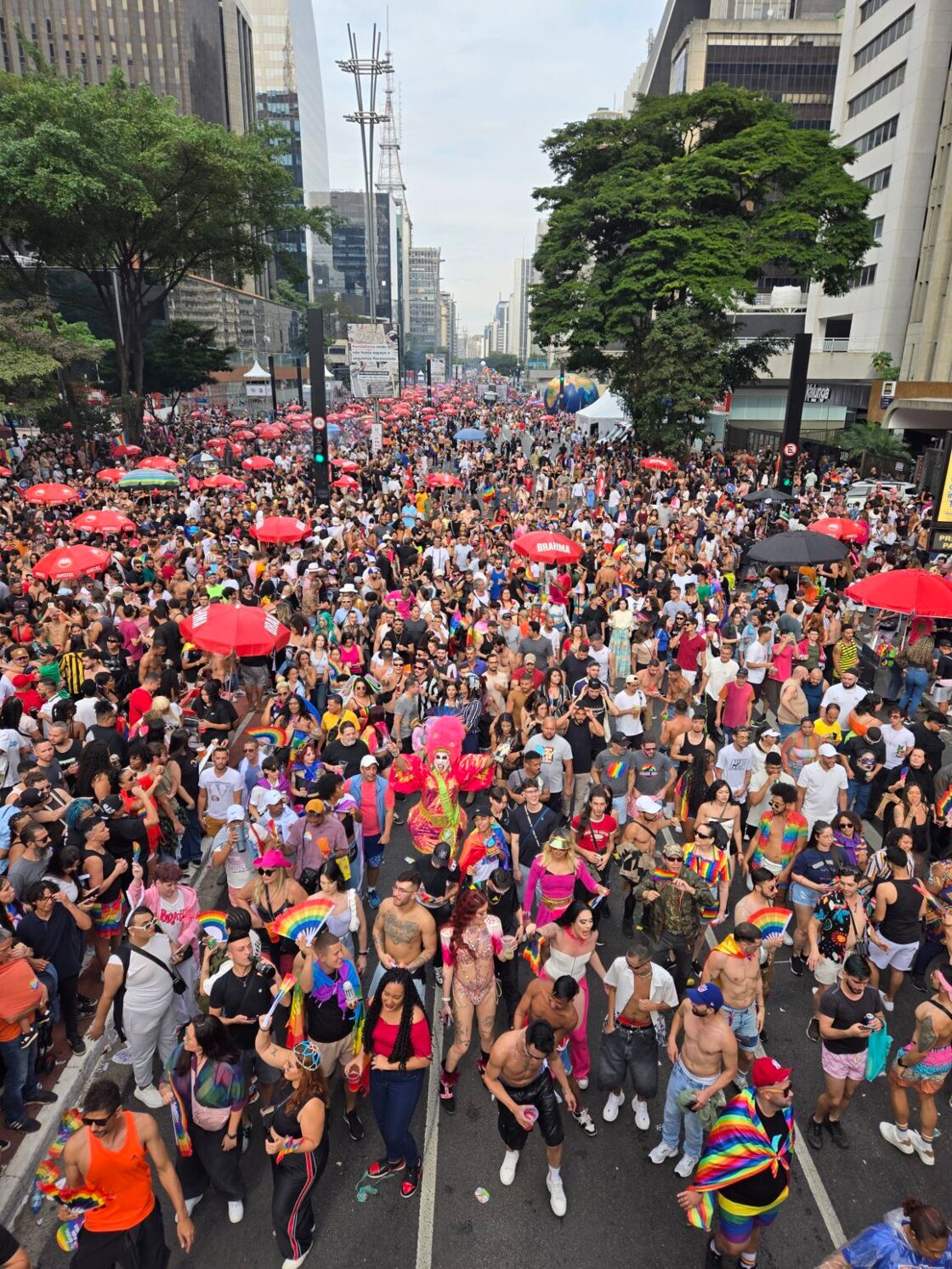 A massive group of Pride festivalgoers walk through the streets of São Paulo. 