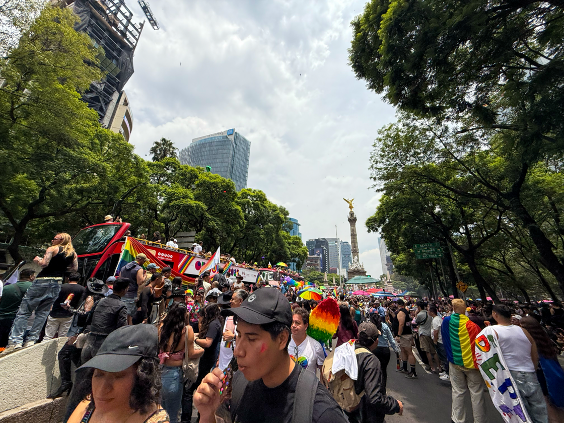 A crowd of people at Mexico City Pride walk through the streets.