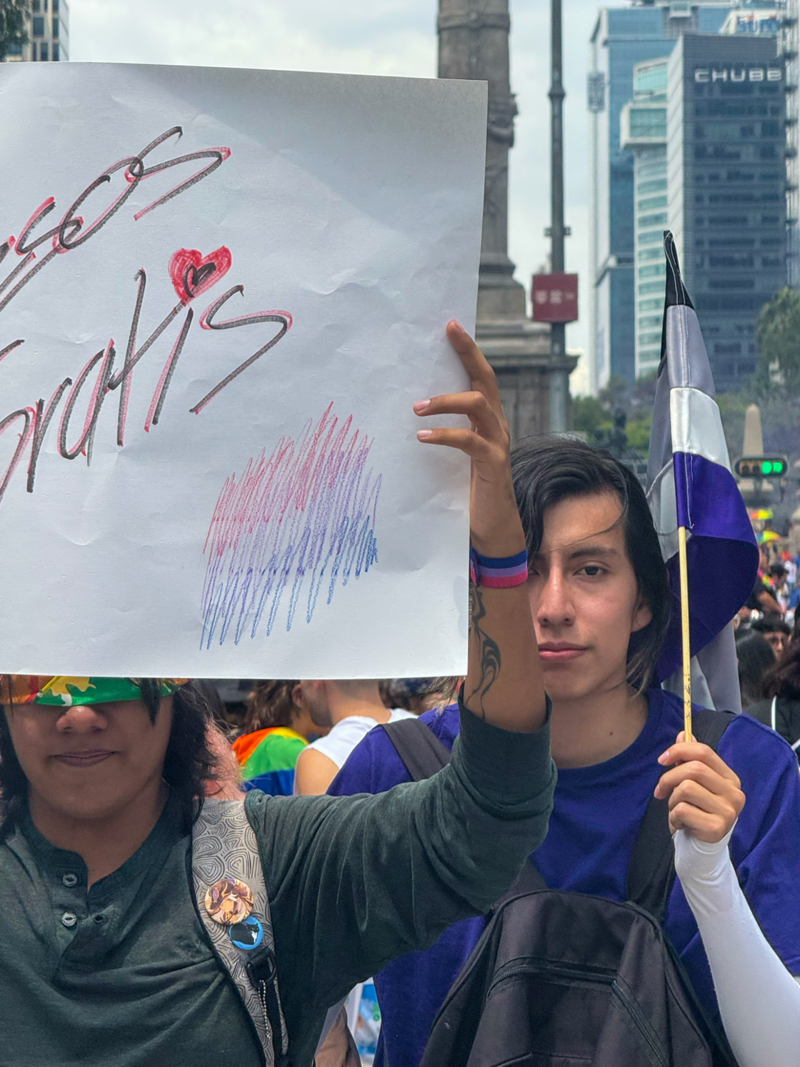 A Mexico City Pride attendee holds up a sign with the bisexual flag colors.