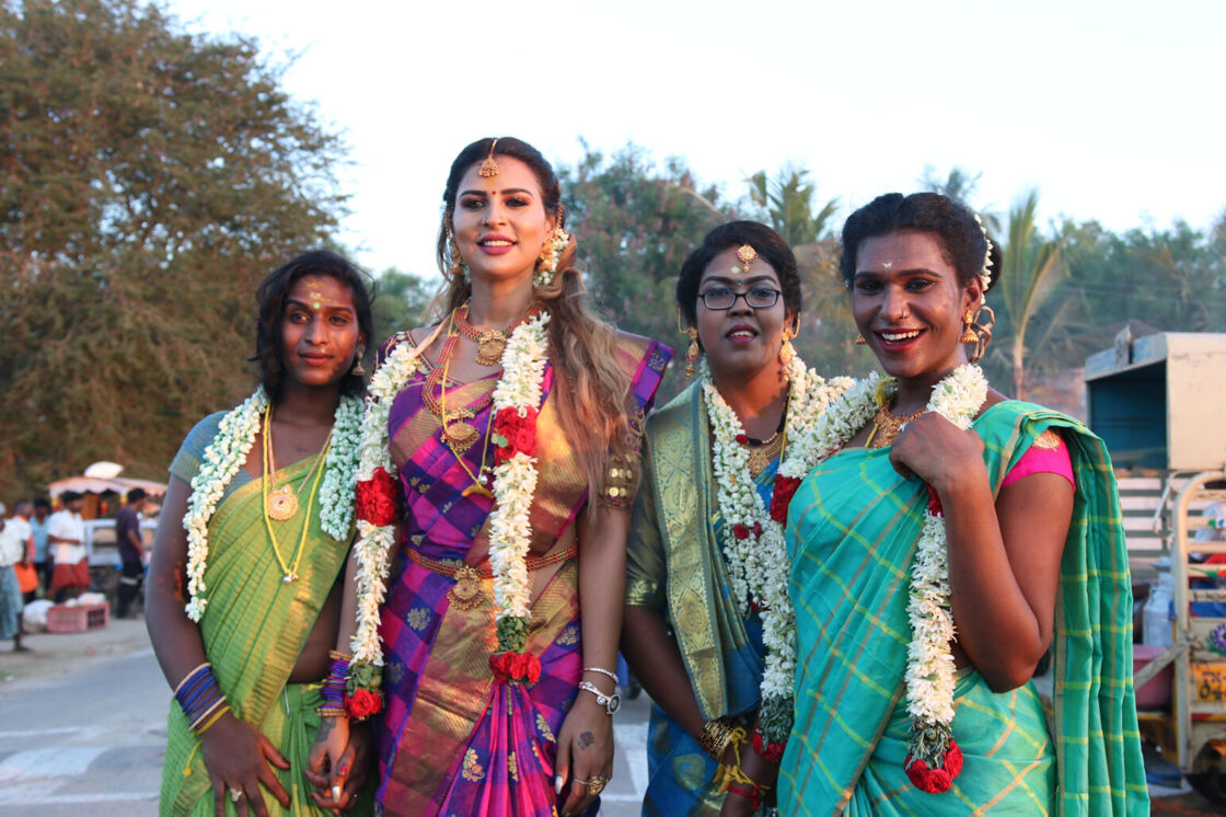 KOOVAGAM, TAMIL NADU / INDIA - MAY 4, 2019: Portrait of a beautiful transgender woman after her marriage in Kuthandavar festival.