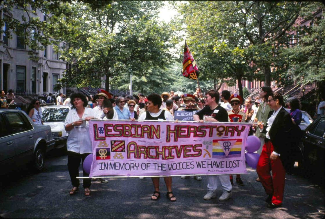 A group of Lesbian Herstory Archives coordinators march on the streets of Brooklyn ahead of its 1993 opening.