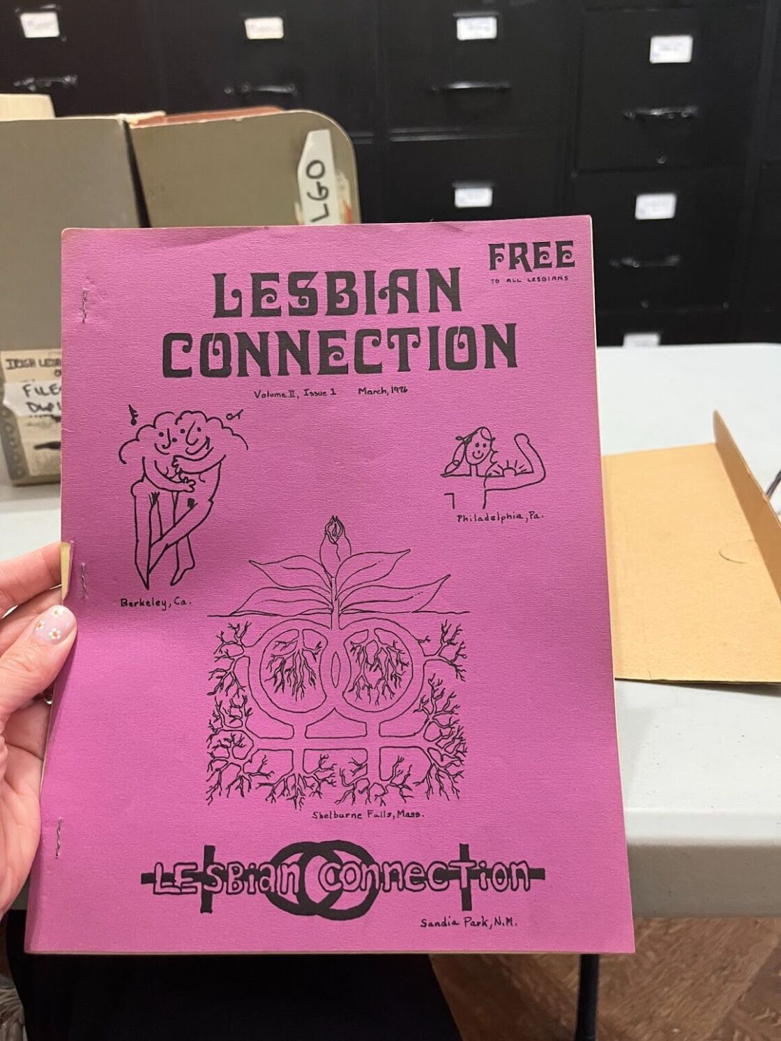 The purple cover of "Lesbian Connection" Volume 2, Issue 1 from March 1976.