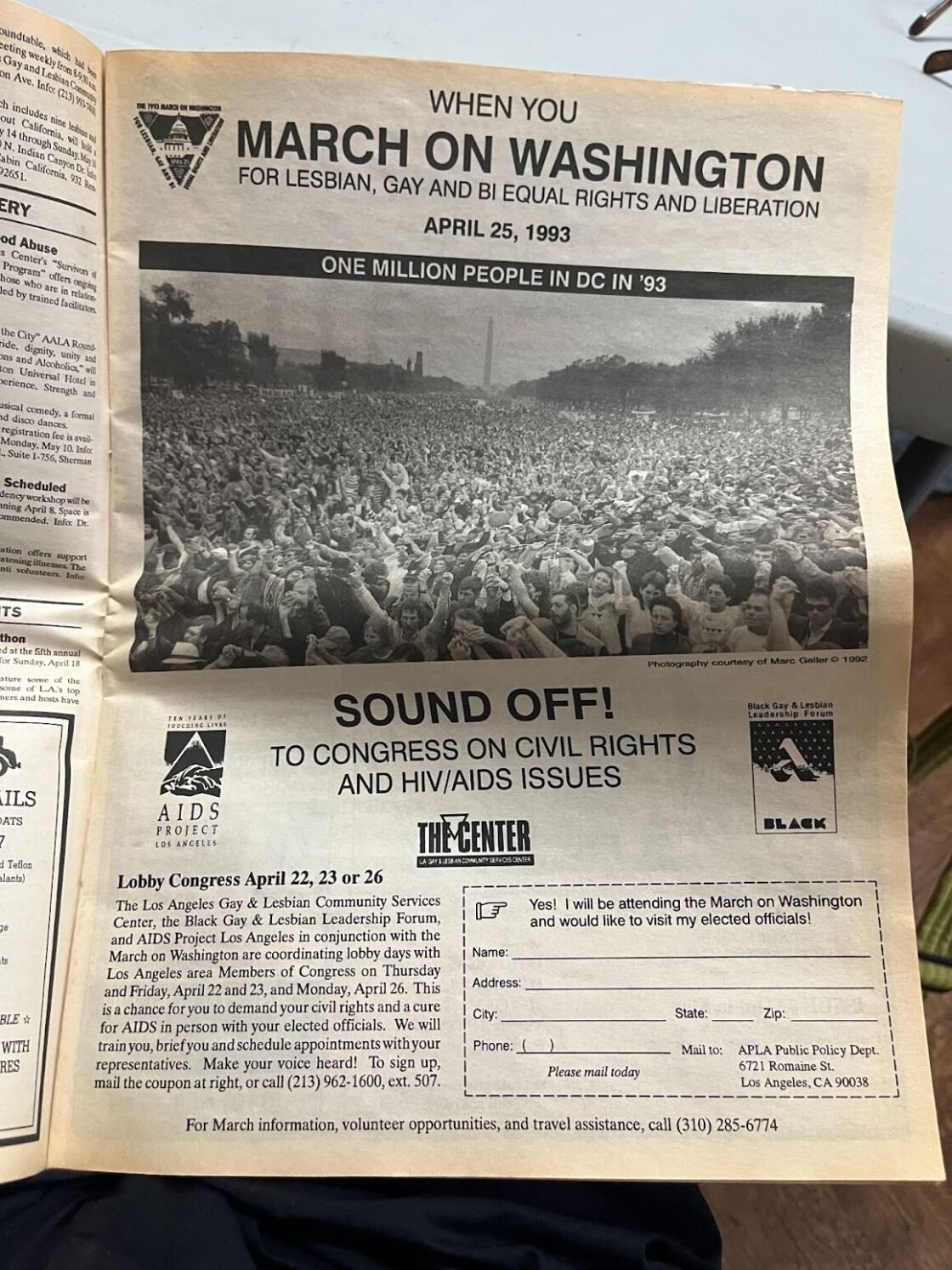An ad for March on Washington in April 1993 from "The Lesbian News."