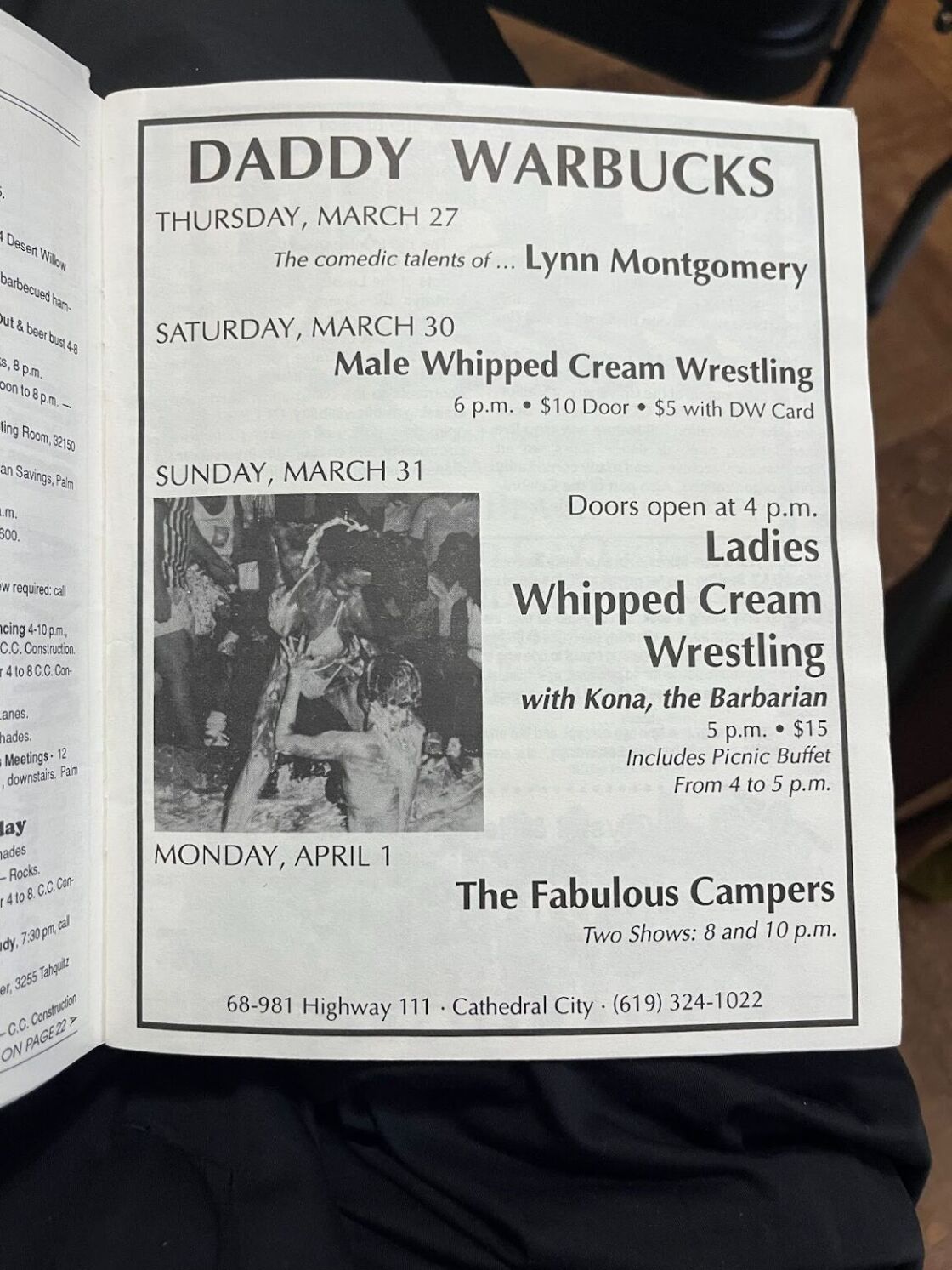 An ad for lesbian whipped cream wrestling with Kona the Barbarian in the March 1991 issue of "Shore Patrol."