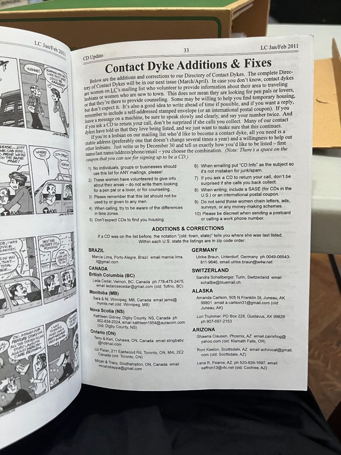 A page with contact info for various lesbians across the country from the January/February 2011 issue of "Lesbian Connection."