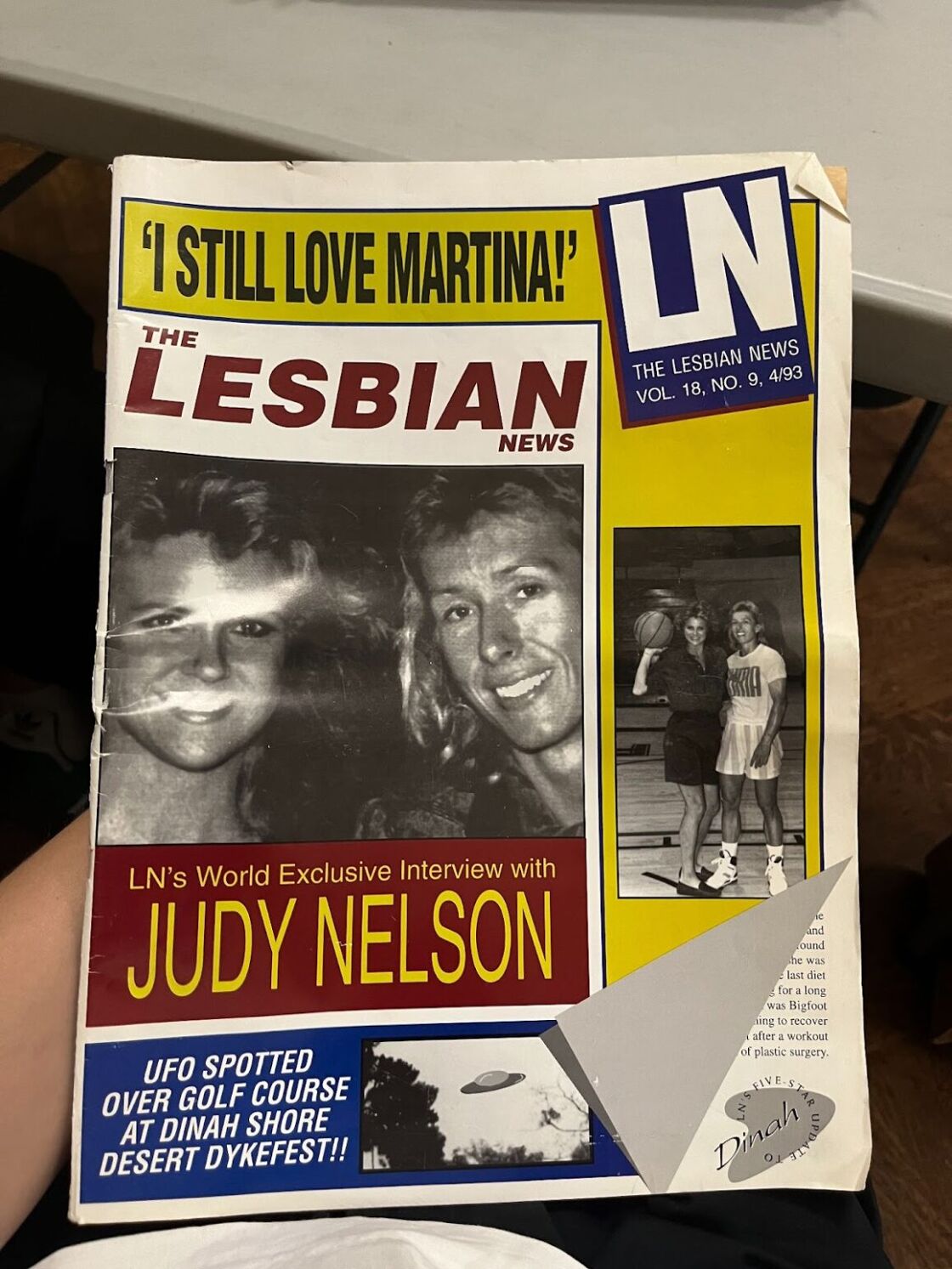 April 1993 issue of "The Lesbian News" advertising a UFO sighting at Dinah Shore and an interview with Judy Nelson.