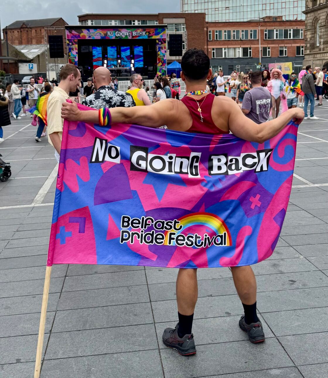 Man with No Going Back flag celebrates Belfast Pride
