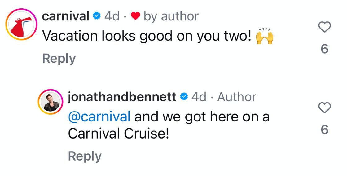 A social media exchange between Jonathan Bennett and Carnival cruises
