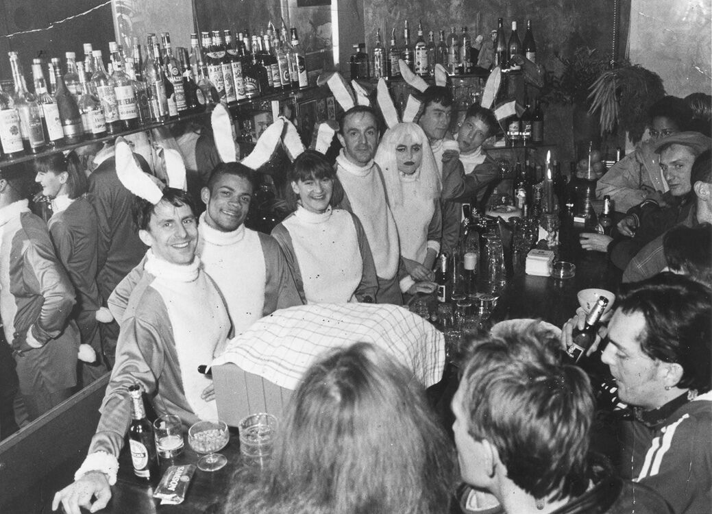 A vintage black and white photo of bar staff dressed as bunnies at Hafen.