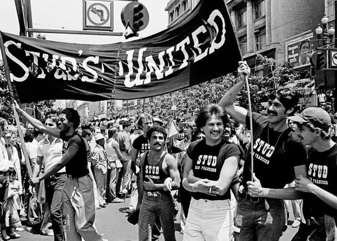 Jim “Edie” Fleckenstein and Larry Holloway march in a black and white photo for San Francisco's The Stud in 1977.