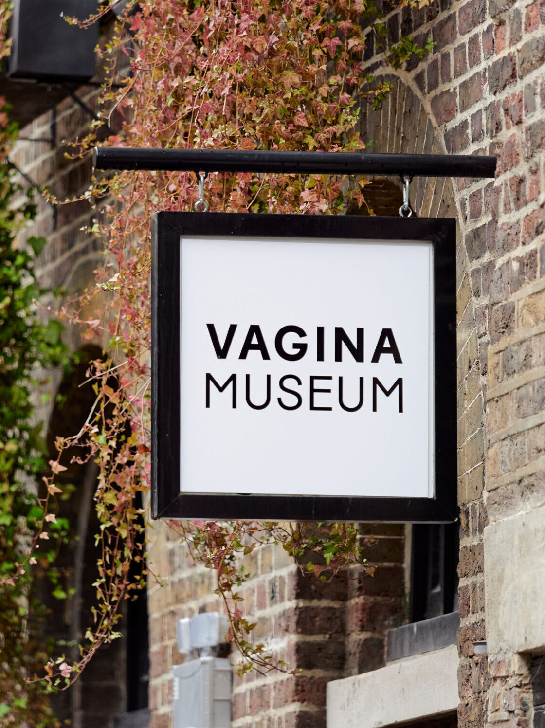 A sign reading "The Vagina Museum" in London, United Kingdom in front of a brick building.