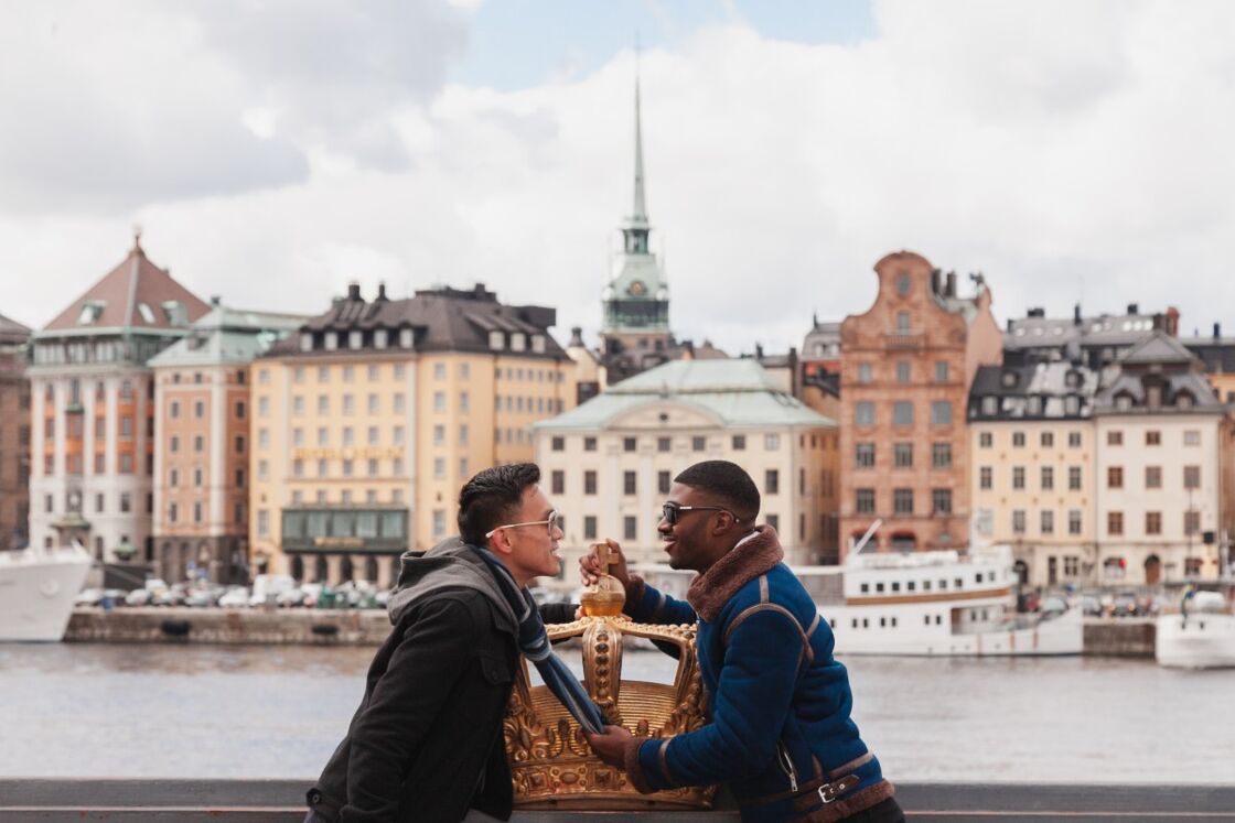 A gay couple enjoy Stockholm, Sweden