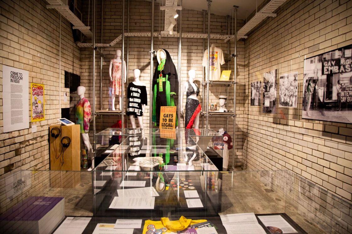 A display inside a former Darlinghurst police station cell at the Qtopia Sydney museum.