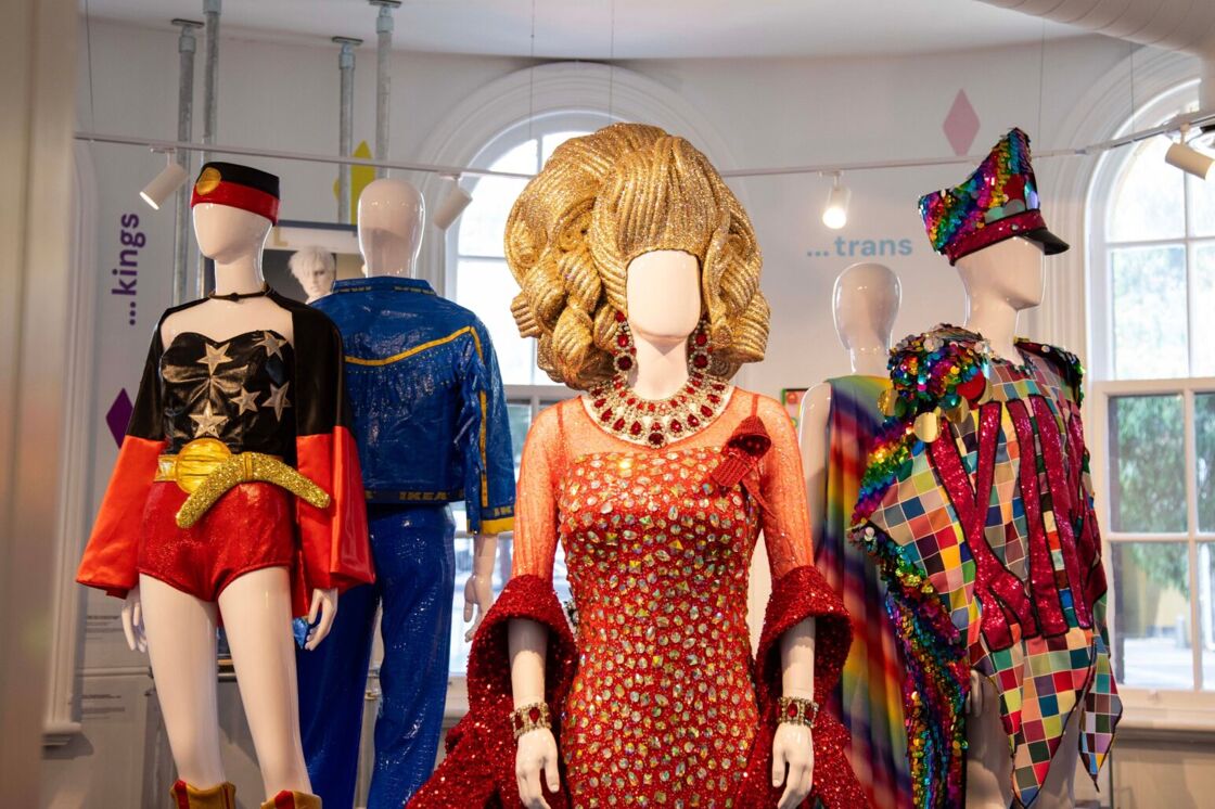 A sparkling group of Mardi Gras outfits on display at Qtopia Sydney.