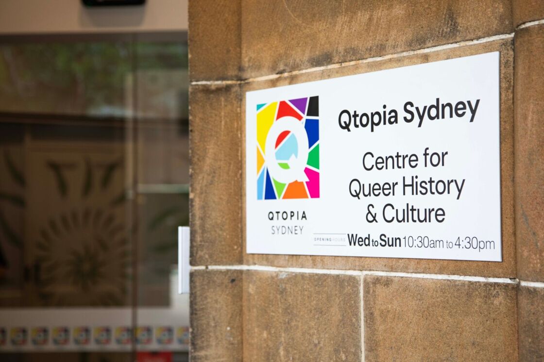 The outdoor signage for Qtopia Sydney, a Centre for Queer History & Culture.