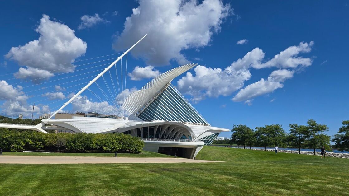 The Milwaukee Art Museum's Quadracci Pavilion, resembling a bird in flight, pictured at daytime.