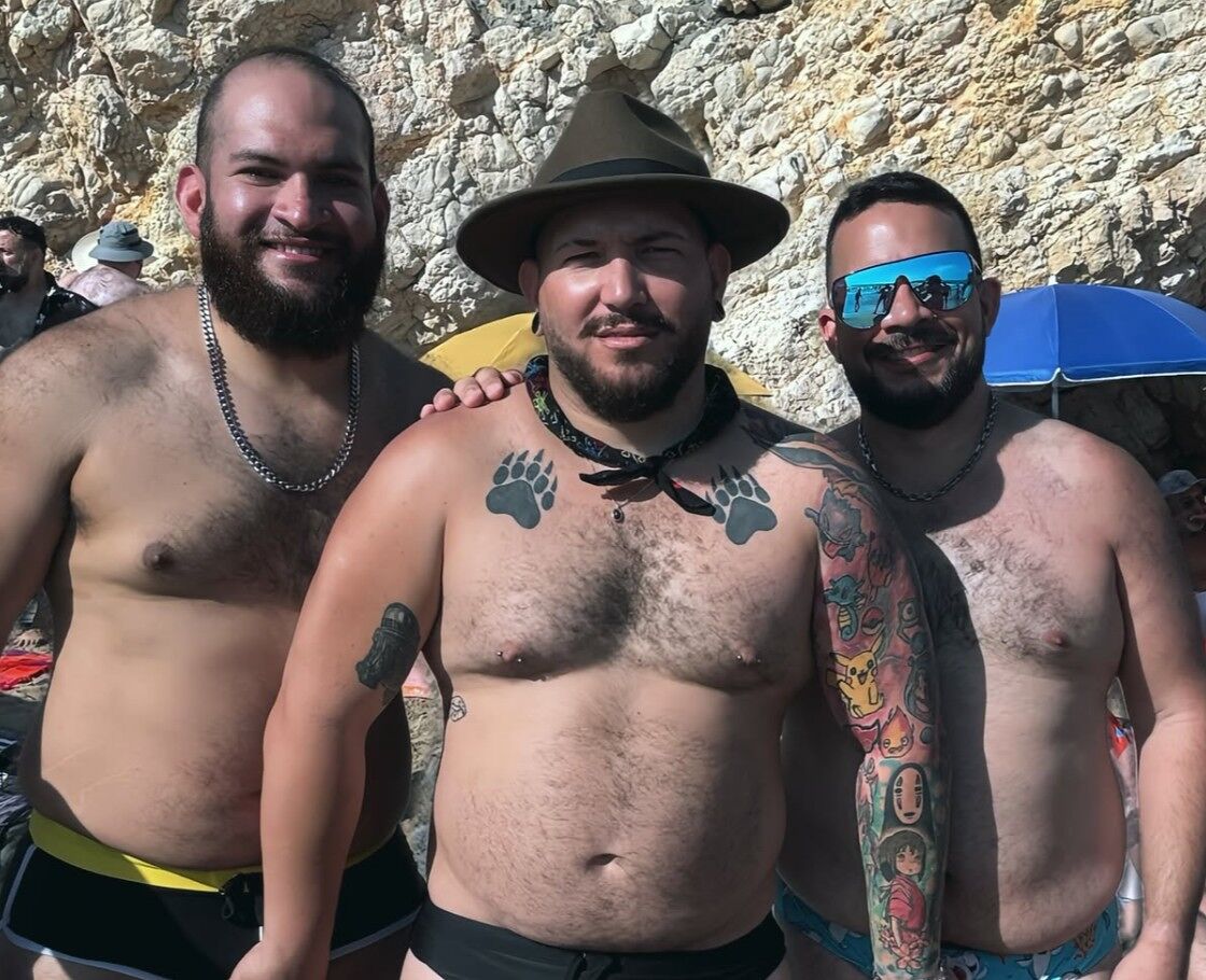 Gay bears enjoying Balmins Beach in Sitges, Spain