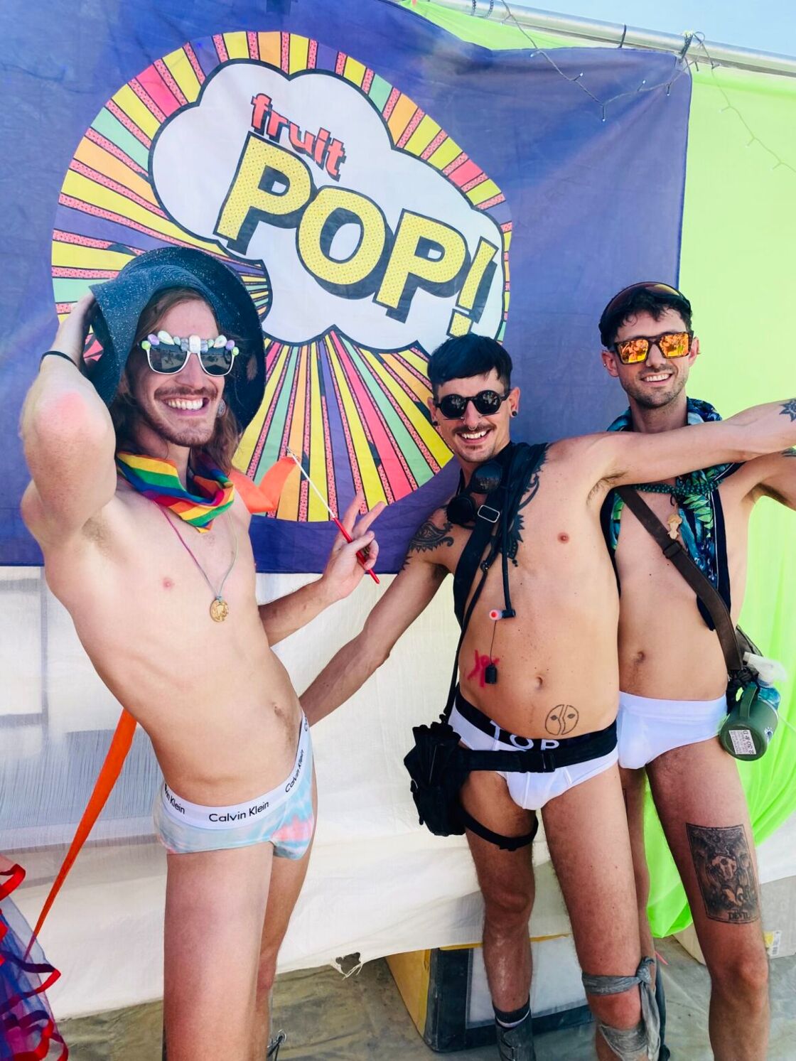 A trio of FruitPOP boys at the inaugural Tightwhities Tuesday party in 2022.