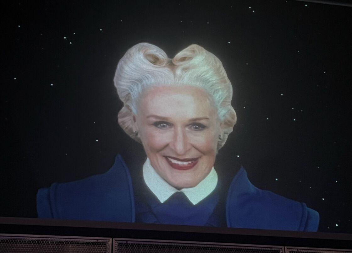Glenn Close smiles in character as Nova-Prime Irani Rael in a scene from the Guardians of the Galaxy: Cosmic Rewind ride at Disney World.