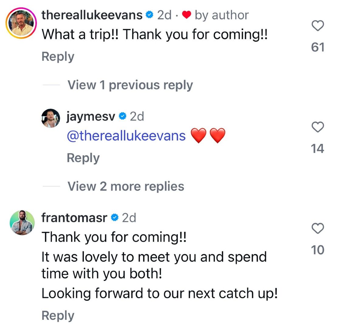 Luke Evans and Fran Thomas reply to Jonathan Bennett on Instagram