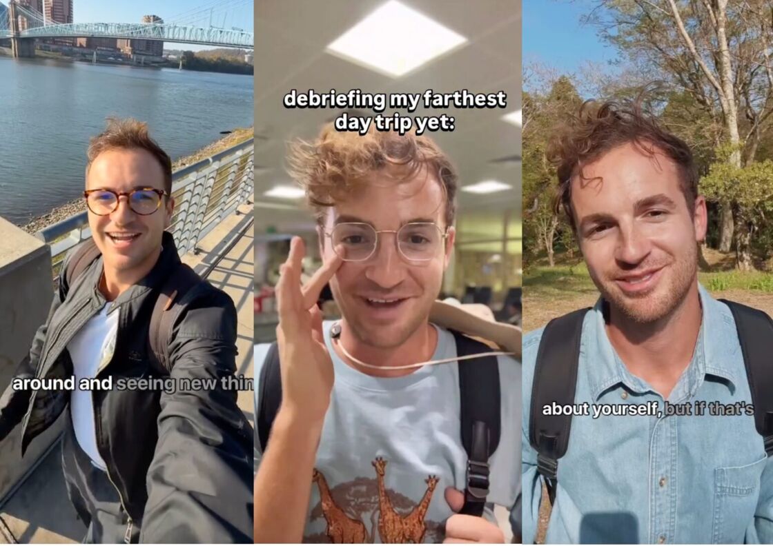 Three-panel image of screenshots from Kevin Droniak's TikTok page. From left to right: he walks on a bridge in Ohio, he stands in an airport, he walks through Japanese forests.