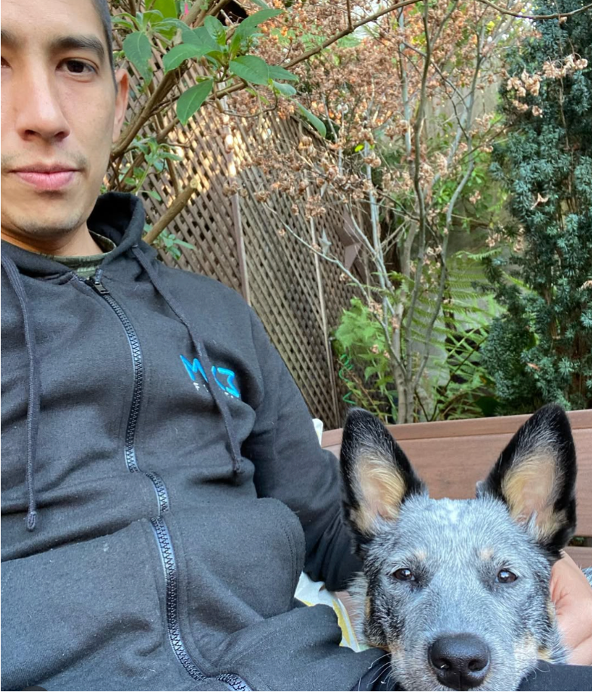 Romero takes a walk break with his “princess baby angel.” 
