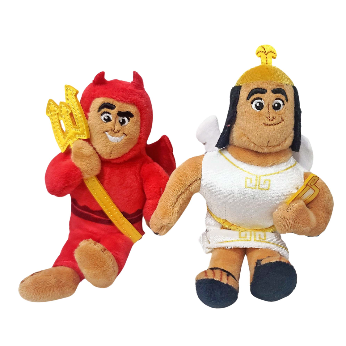 Two Kronk plushies from "Emperor's New Groove" are displayed in front of a white background. On the left, Kronk dressed as a devil. On the right, Kronk dressed as an angel.