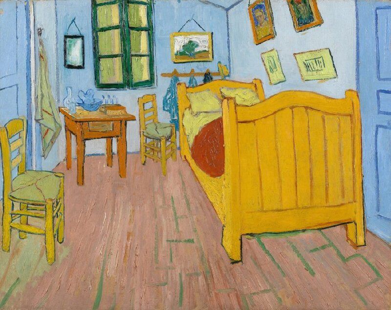 A painting of Vincent van Gogh's bedroom, featuring a bright yellow bed and light blue walls, currently on display at the Van Gogh Museum.
