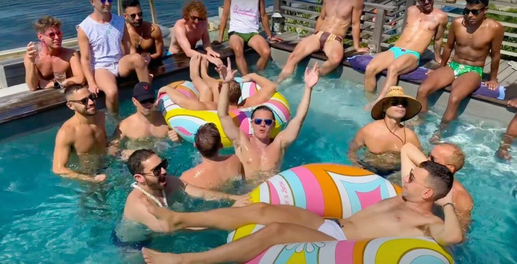 Seth Sikes (center with sunglasses) and friends in Fire Island