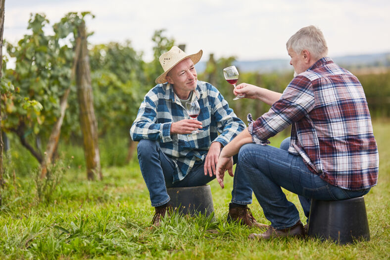 Two men sipping wine outdoors