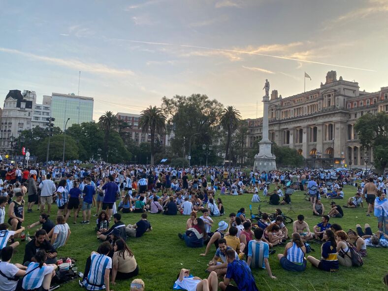 Soccer fans fill a park in Argentina.